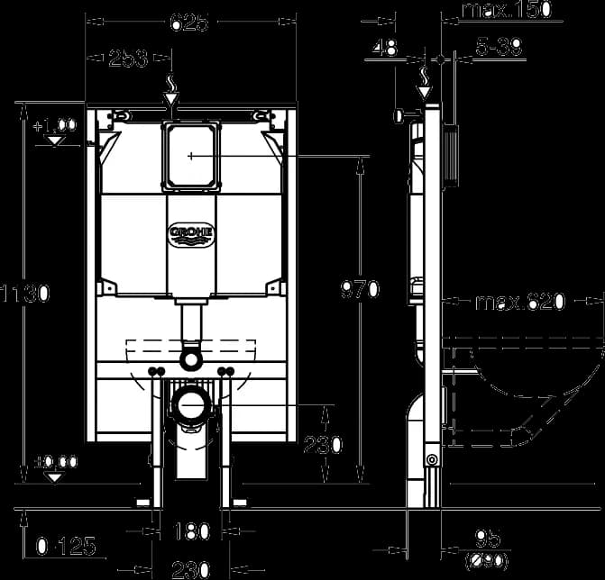 GROHE Rapid SL Modul de montaj pentru WC cu dispozitiv golire rezervor 80 mm, înălțime instalare 1.13m - desen tehnic cu cote