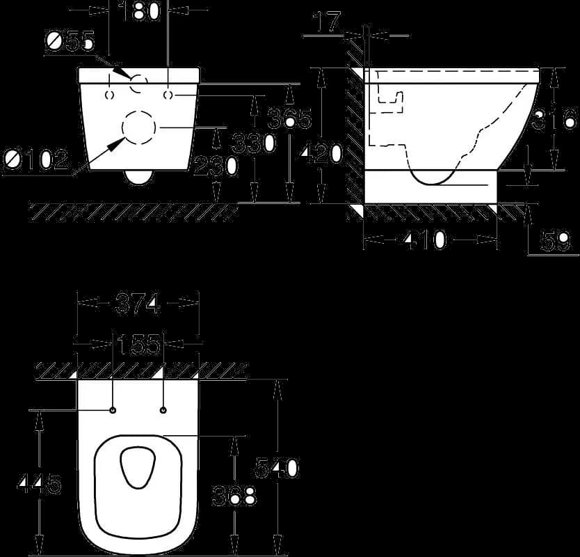 GROHE Euro Ceramic Vas WC cu montare suspendată - desen tehnic cu cote