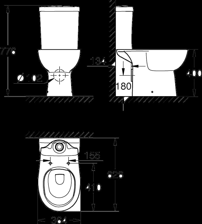 GROHE Bau Ceramic Vas WC cu montare pe podea pentru combinație cuplată monobloc - desen tehnic cu cote