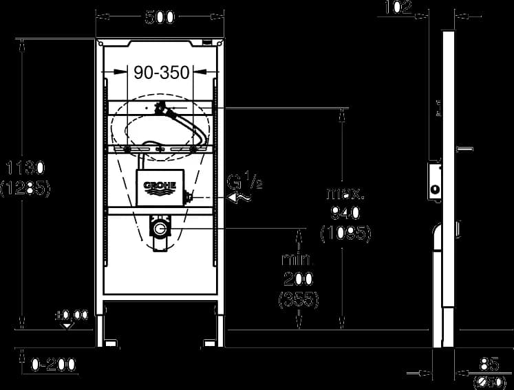 GROHE Rapid SL Cadru pentru pisoar, cu senzor de temperatură - desen tehnic cu cote