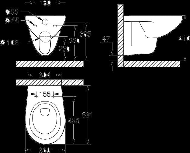 GROHE Bau Ceramic Vas WC cu montare suspendată - desen tehnic cu cote