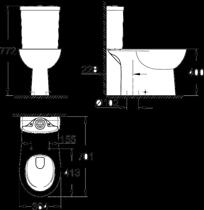 GROHE Bau Ceramic Vas WC cu montare pe podea pentru combinație cuplată monobloc - desen tehnic cu cote