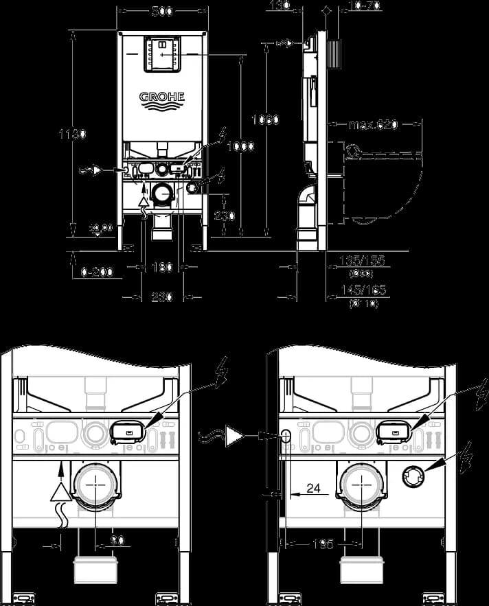 GROHE Rapid SLX Modul de montaj pentru WC, înălțime de instalare 1.13 m, cu priză integrată și conexiune pentru WC cu funcție de bideu - desen tehnic cu cote