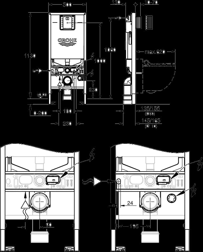 GROHE Rapid SLX Modul de montaj pentru WC, înălțime de instalare 1.13 m, cu priză integrată și conexiune pentru WC cu funcție de bideu - desen tehnic cu cote