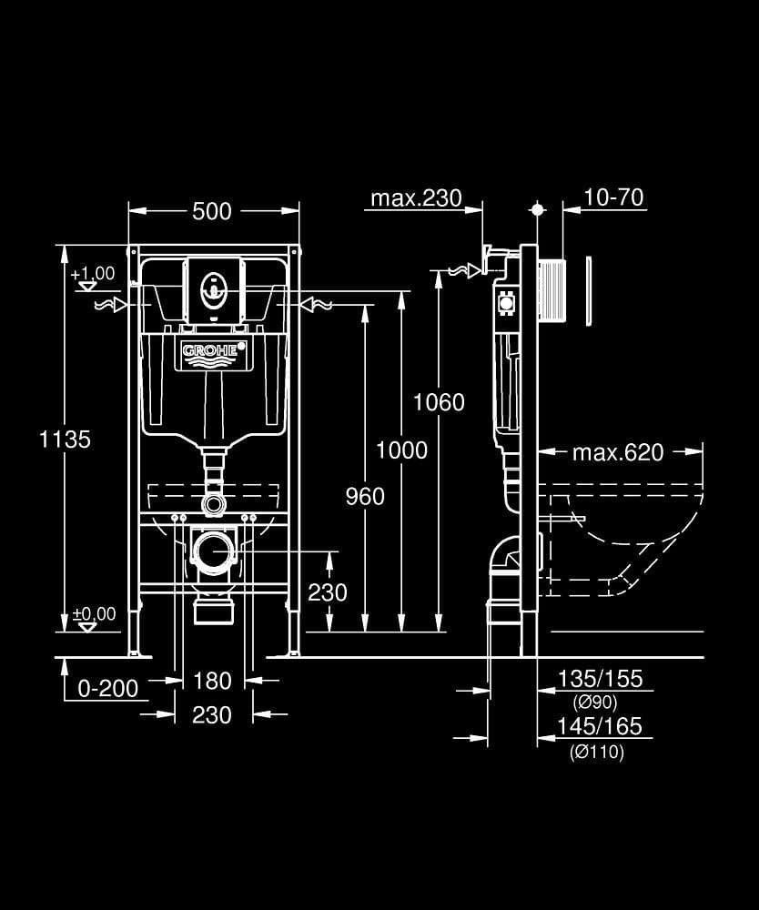 GROHE Solido 3 în 1 set pentru WC, 1.13 m înălțime de instalare - desen tehnic cu cote