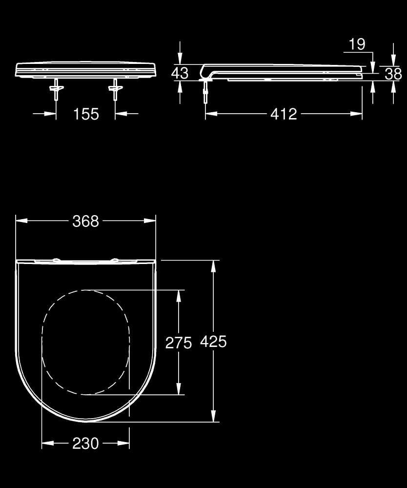 GROHE Bau Ceramic Capac WC subțire, cu închidere lentă - desen tehnic cu cote
