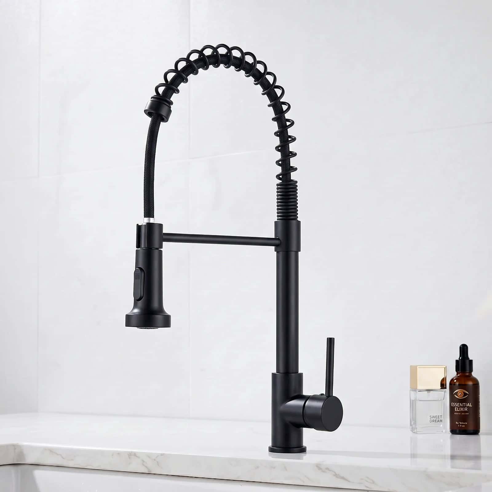 Baterie bucătărie 87049 - pipă flexibilă cu arc - negru mat - montat