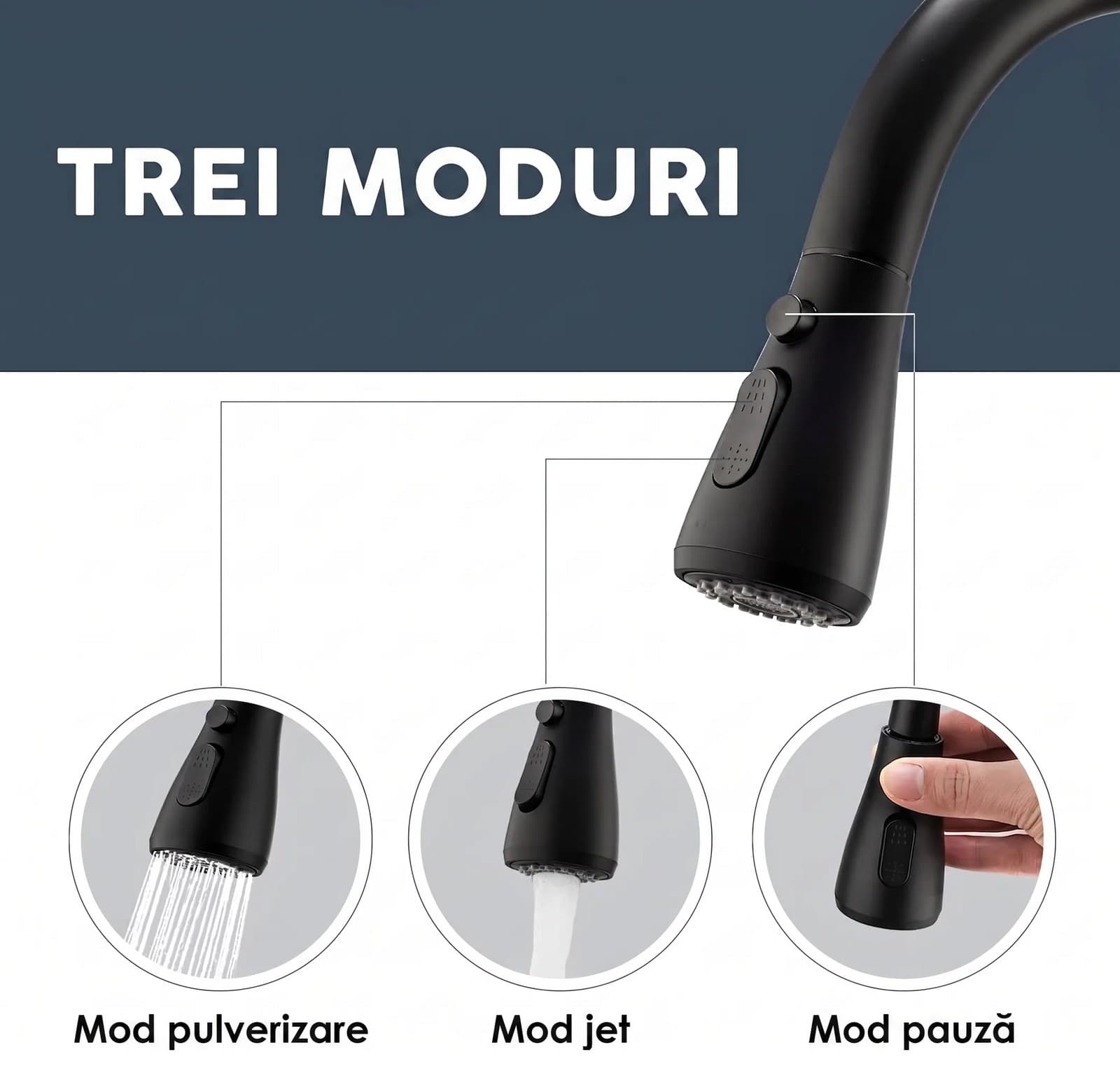Baterie bucătărie YS-K01-Z - pipă extractibilă - 2 funcții - negru mat