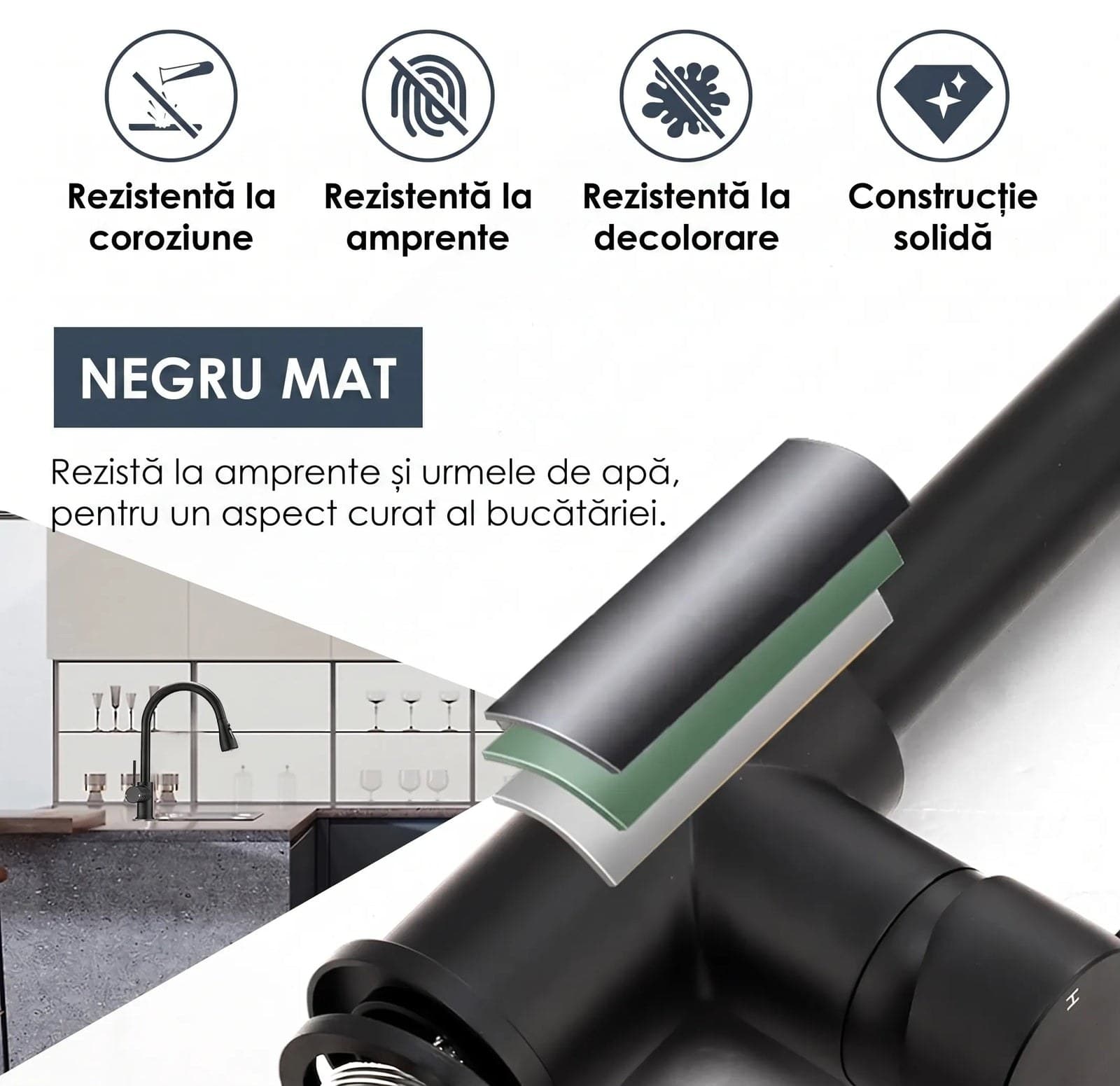 Baterie bucătărie YS-K01-Z - pipă extractibilă - 2 funcții - negru mat