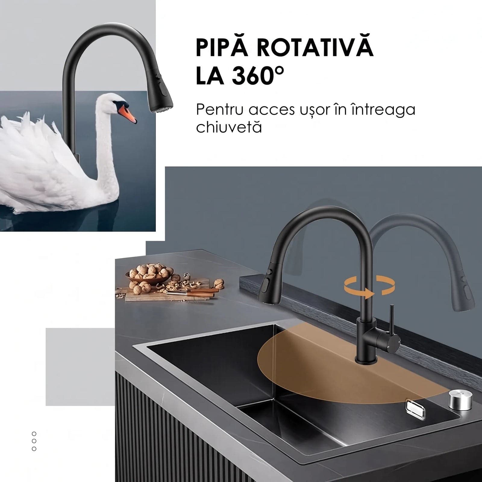 Baterie bucătărie YS-K01-Z - pipă extractibilă - 2 funcții - negru mat