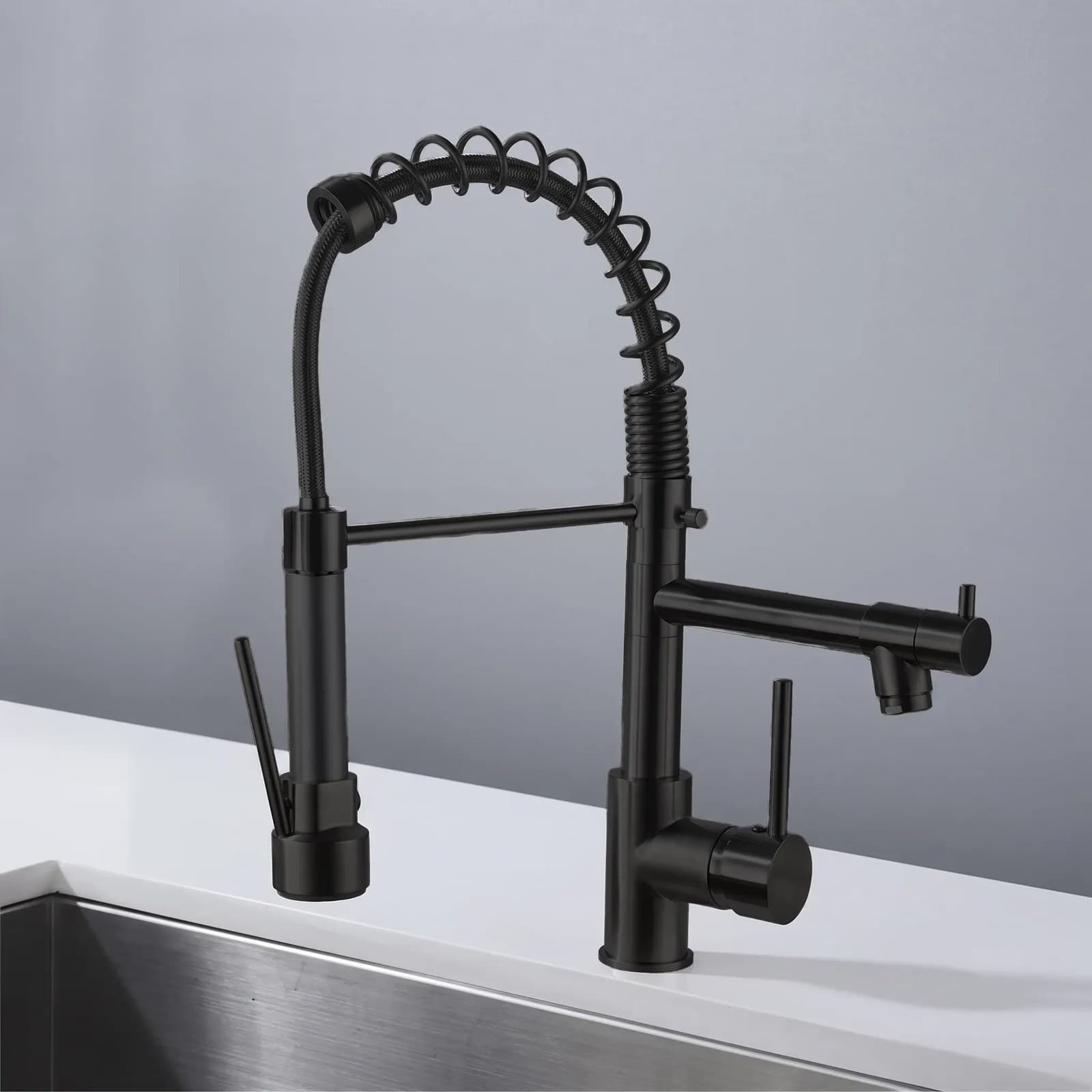 Baterie bucătărie YS-K71 - pipă flexibilă cu arc - două ieșiri - negru mat - montat