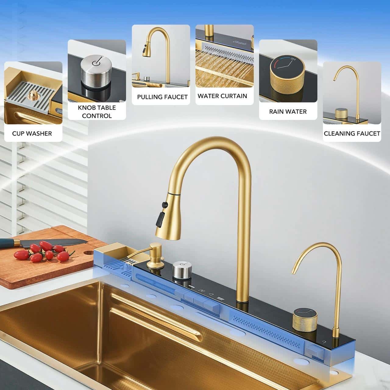 Chiuvetă multifuncțională cu accesorii, HMDF-G 7546 cu baterie digitală, Golden Tap hole - montat