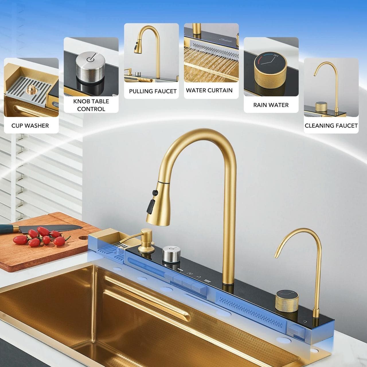 Chiuvetă multifuncțională cu accesorii, HMDF-G 7546 cu baterie digitală, Golden Tap hole - montat