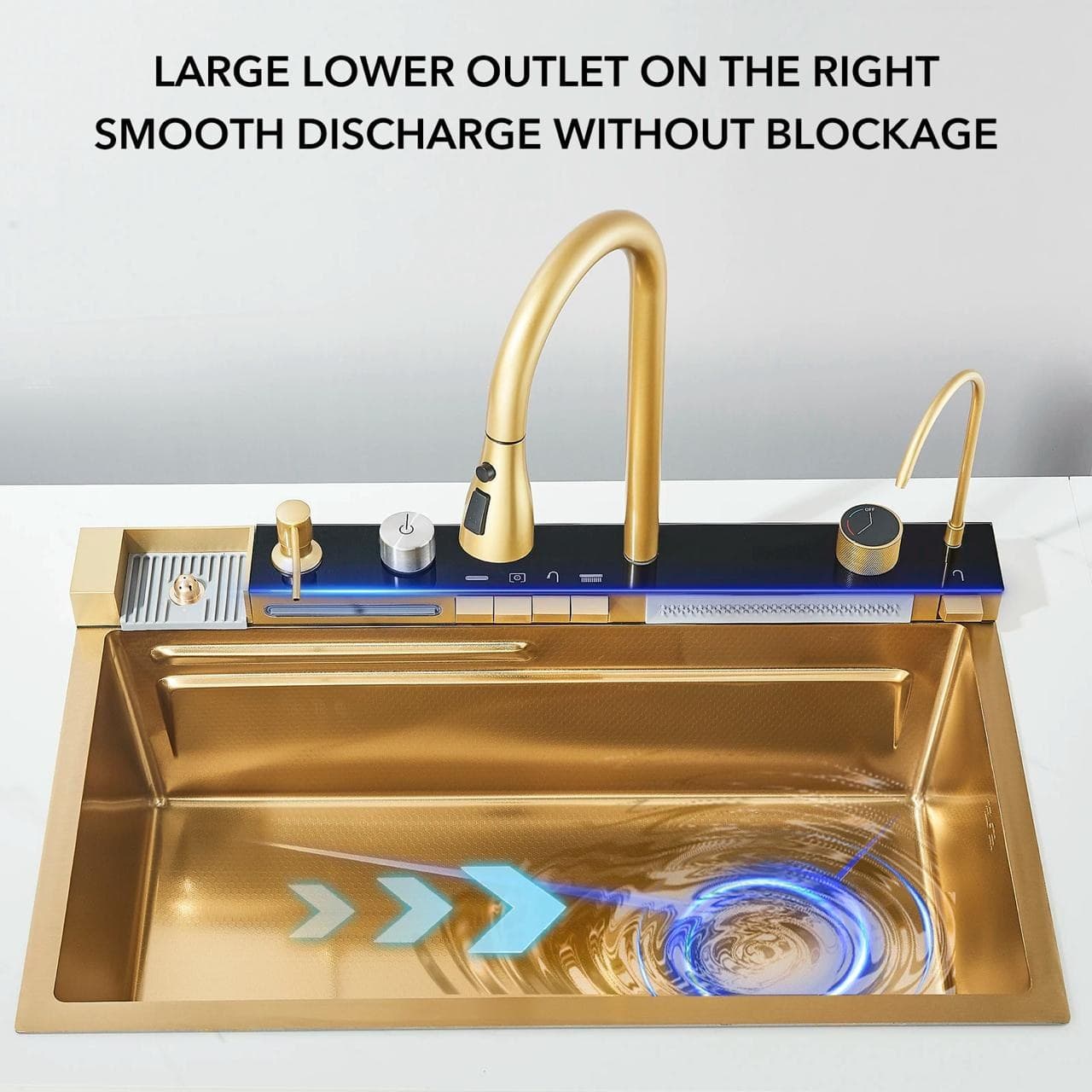 Chiuvetă multifuncțională cu accesorii, HMDF-G 7546 cu baterie digitală, Golden Tap hole - montat