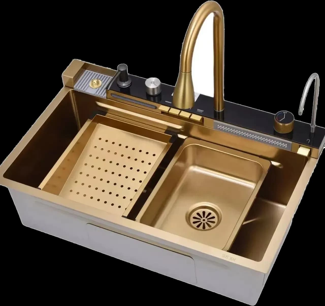 Chiuvetă multifuncțională cu accesorii, HMDF-G 7546 cu baterie digitală, Golden Tap hole