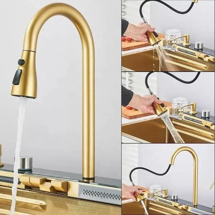 Chiuvetă multifuncțională cu accesorii, HMDF-G 7546 cu baterie digitală, Golden Tap hole - montat
