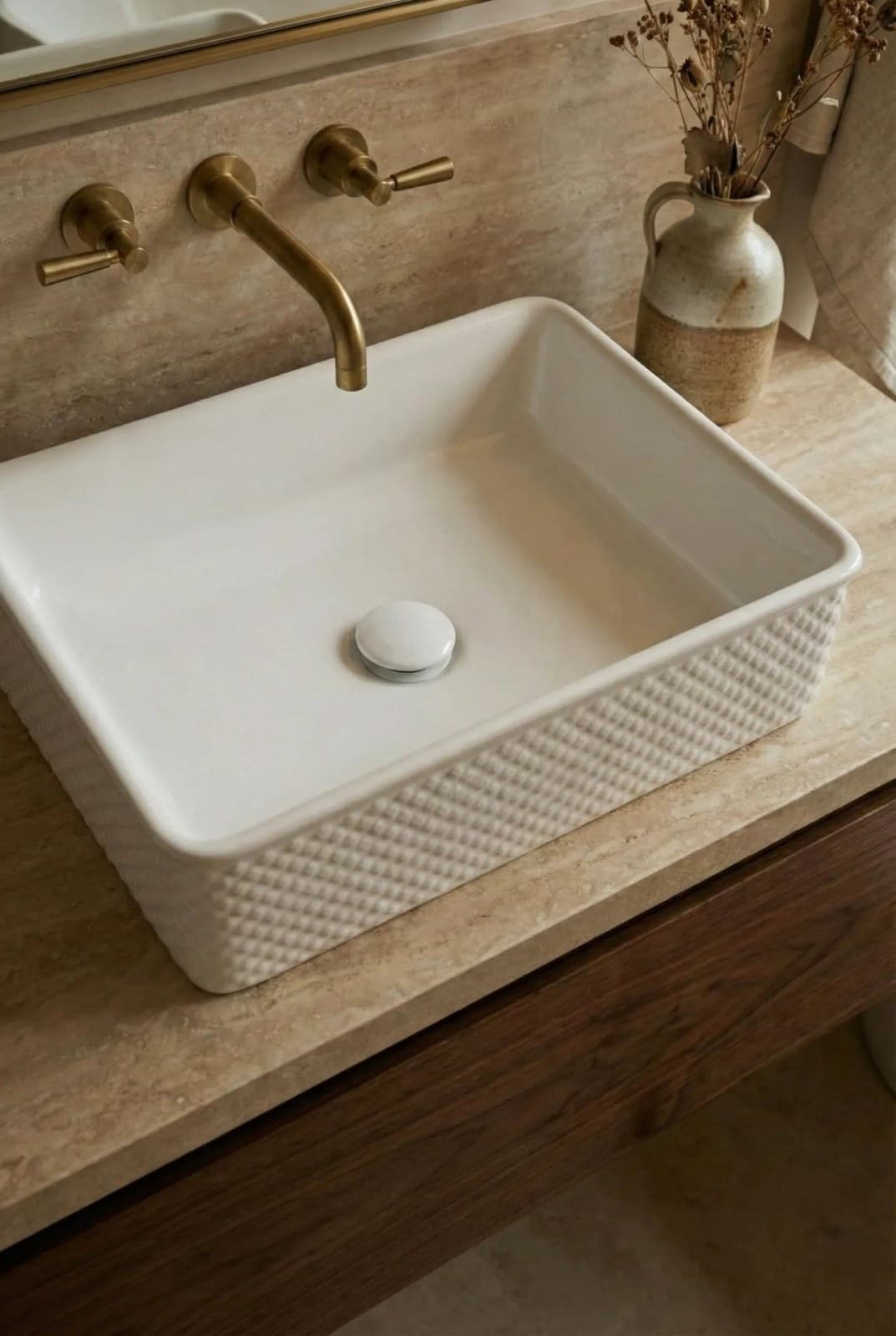 Lavoar ceramic dreptunghiular A740 - alb lucios, exterior texturat - montat