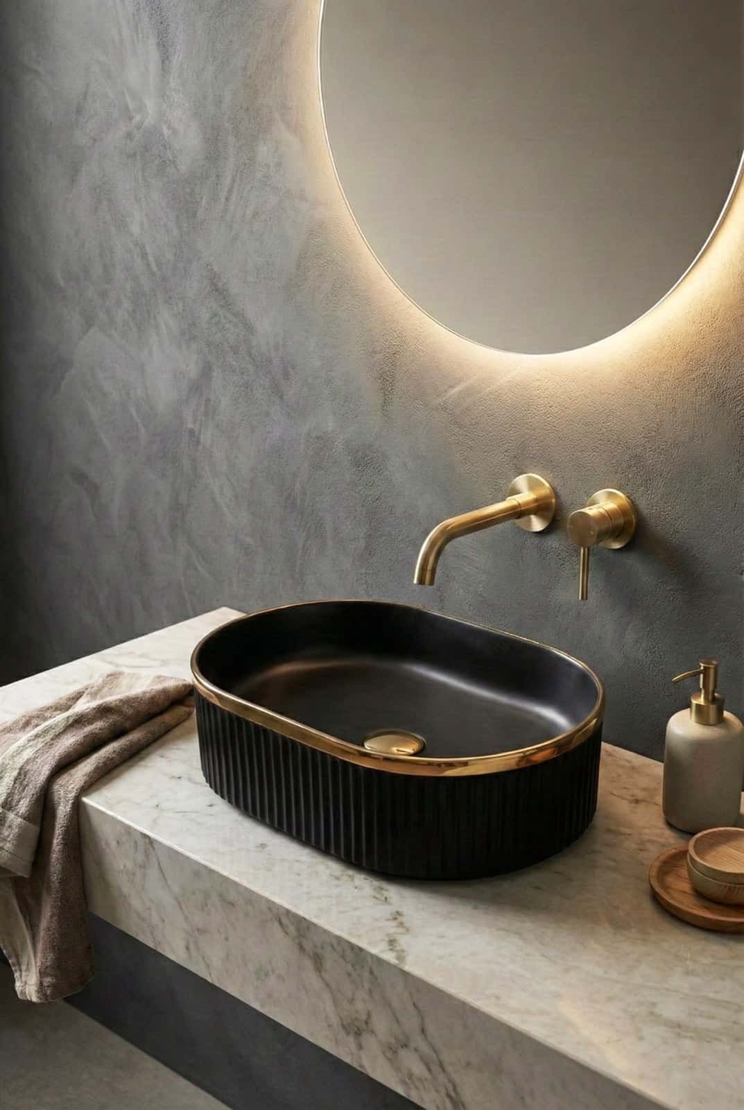 Lavoar ceramic oval A721-CBKGGLG-M - negru mat texturat cu linie aurie - montat