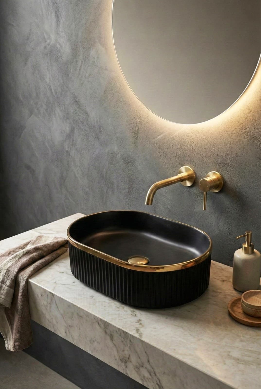 Lavoar ceramic oval A721-CBKGGLG-M - negru mat texturat cu linie aurie - montat
