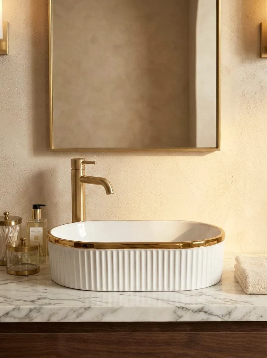 Lavoar ceramic oval A721-GGLG - alb lucios texturat cu linie aurie - montat