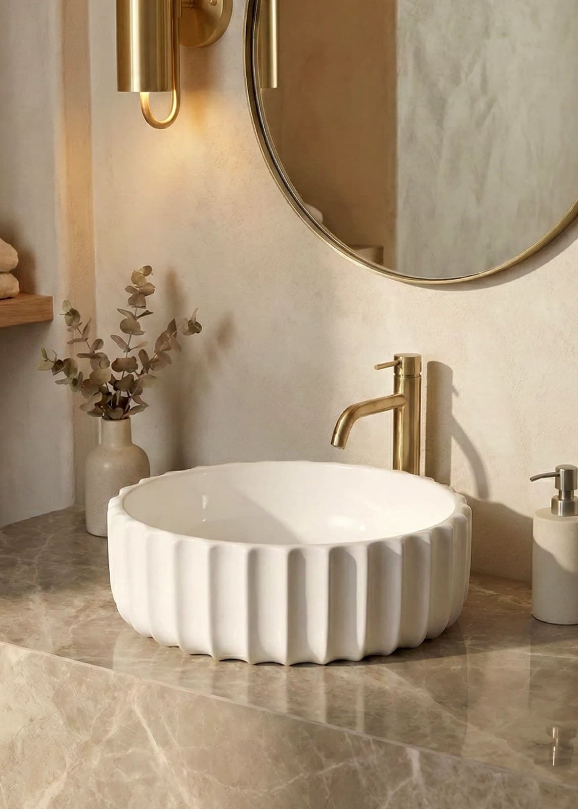 Lavoar ceramic rotund A659 - alb lucios, exterior ondulat - montat