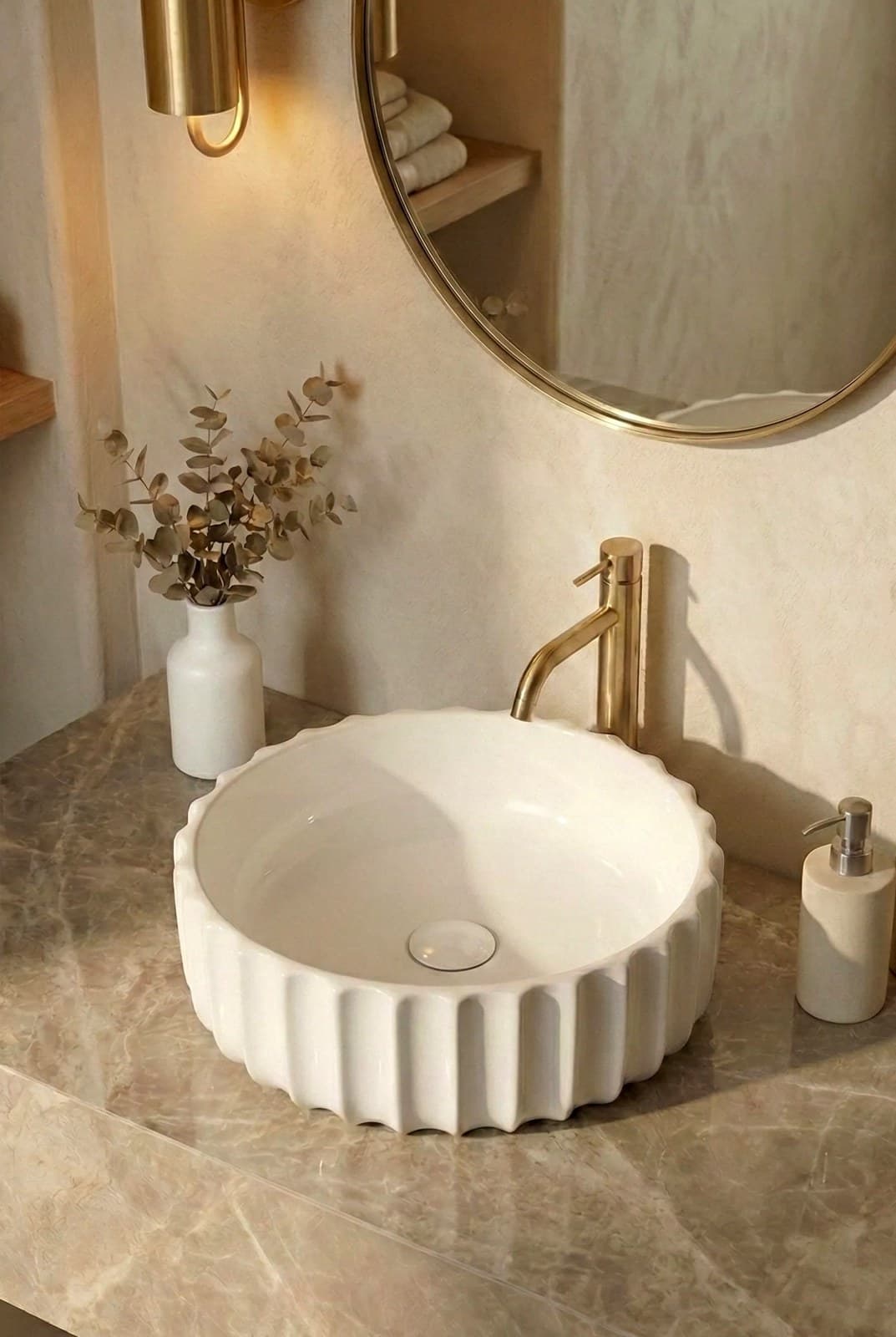 Lavoar ceramic rotund A659 - alb lucios, exterior ondulat - montat