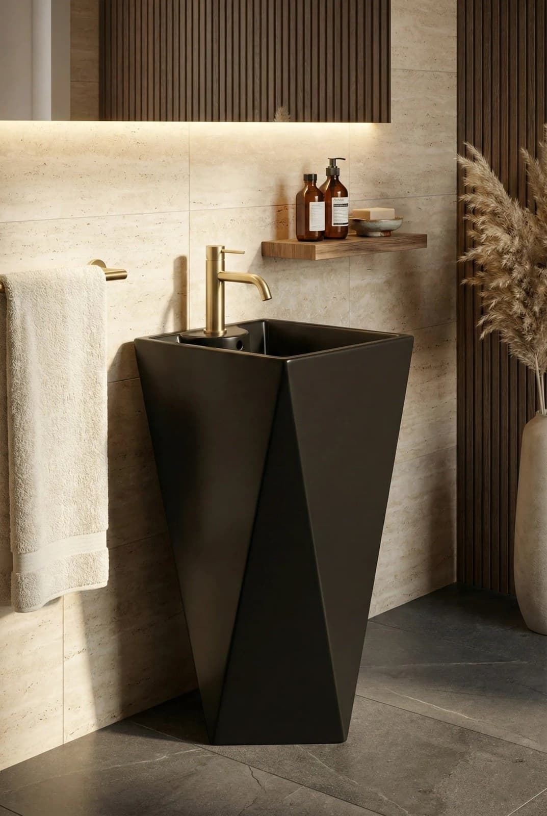 Lavoar freestanding ceramic H13-CBK-M - negru mat, formă piramidală - montat