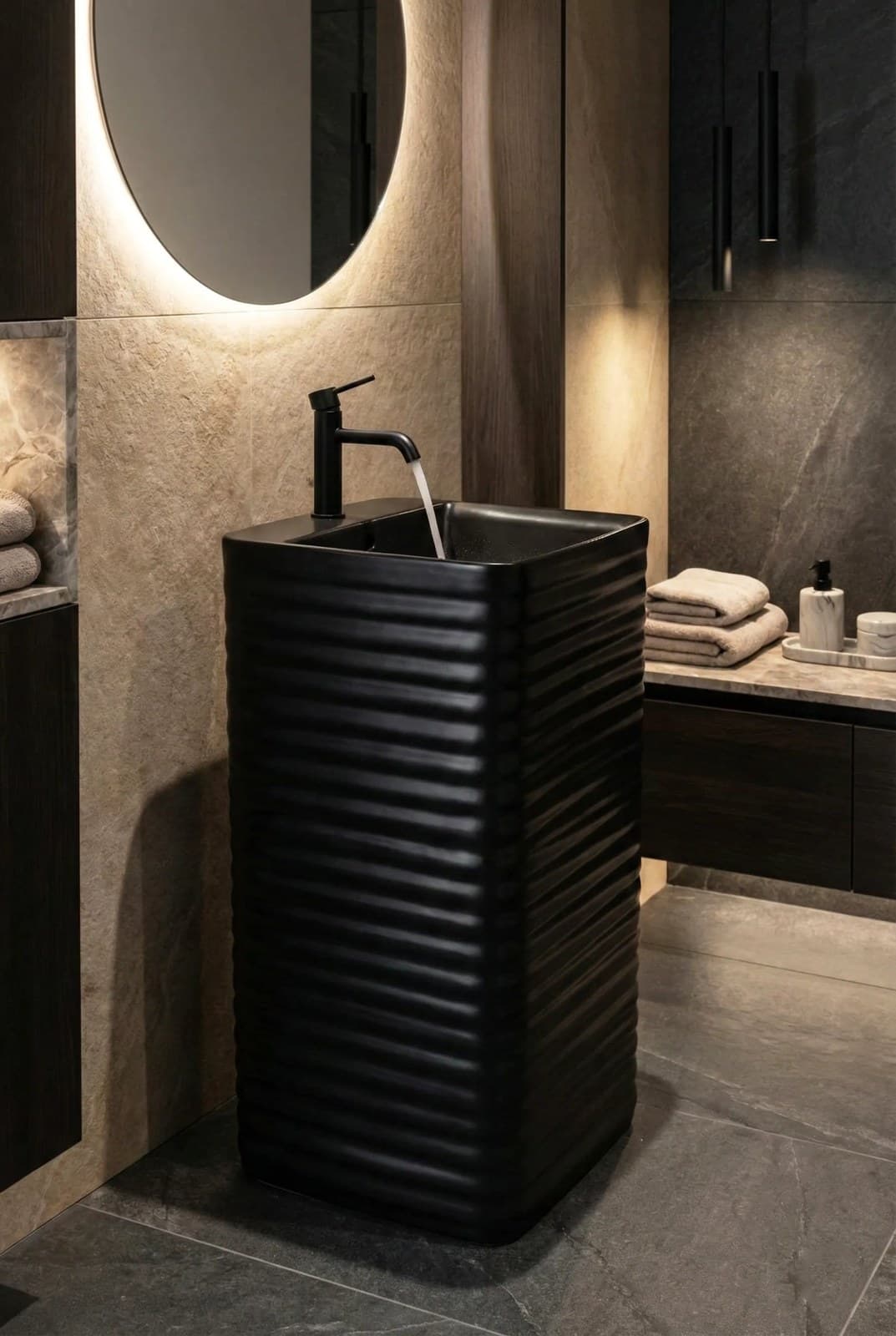 Lavoar freestanding ceramic H15L-CBK-M– negru mat, exterior striat - montat