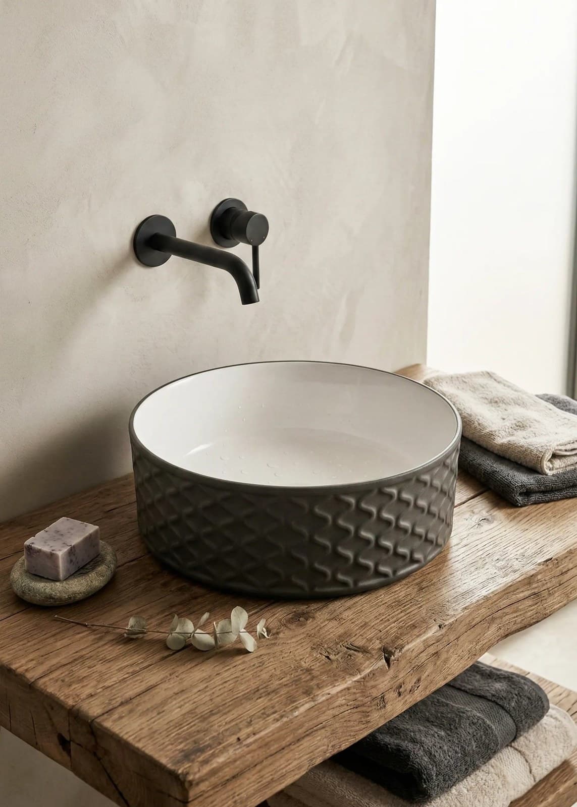 Lavoar rotund ceramic A787-CBKW-MRS - exterior negru texturat, interior alb lucios - montat