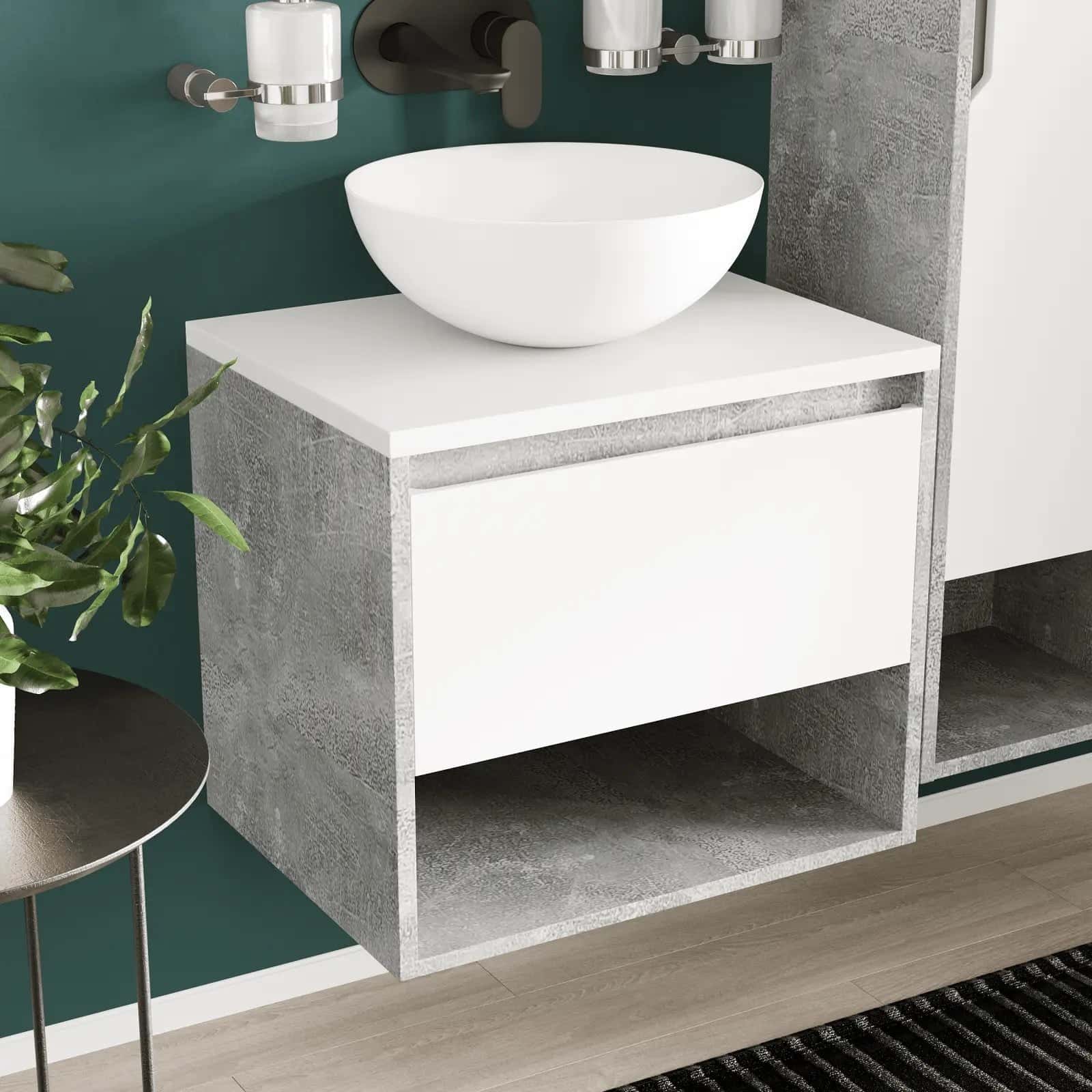 Mobilier de baie suspendat Edda Beton cu blat - montat