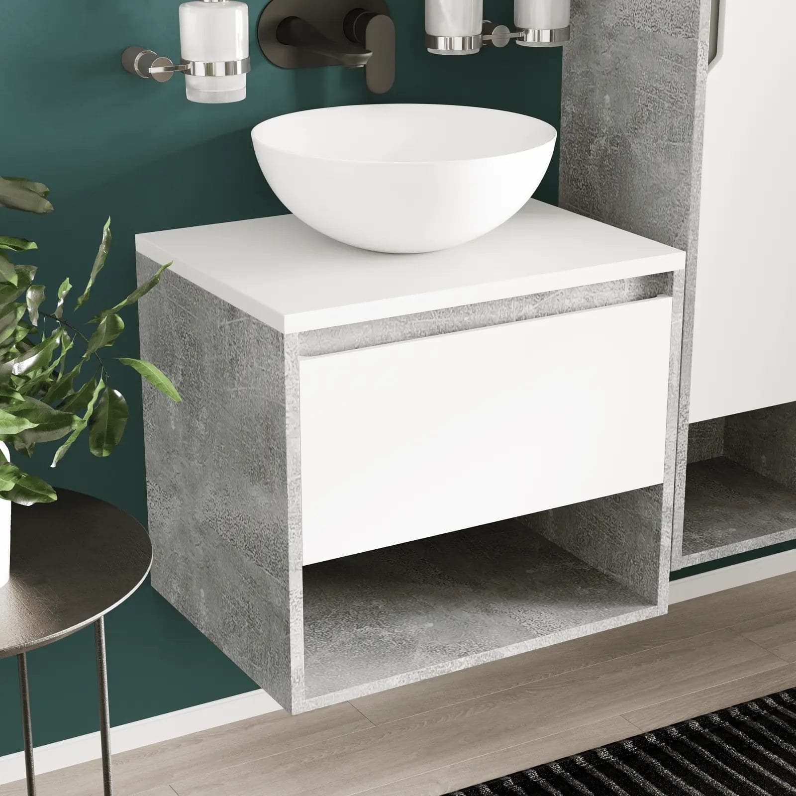 Mobilier de baie suspendat Edda Beton cu blat - montat