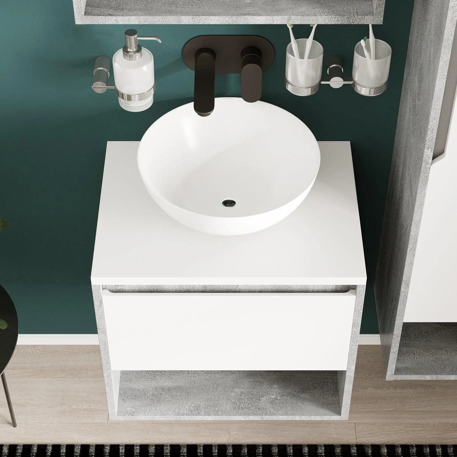 Mobilier de baie suspendat Edda Beton cu blat - montat