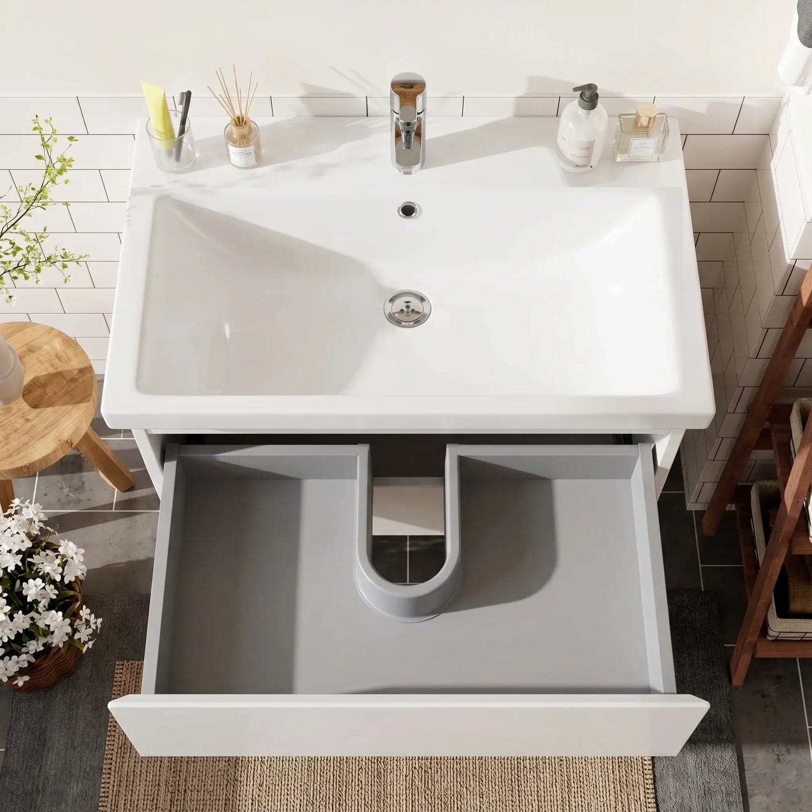 Mobilier de baie suspendat Elite, Alb Mat - montat