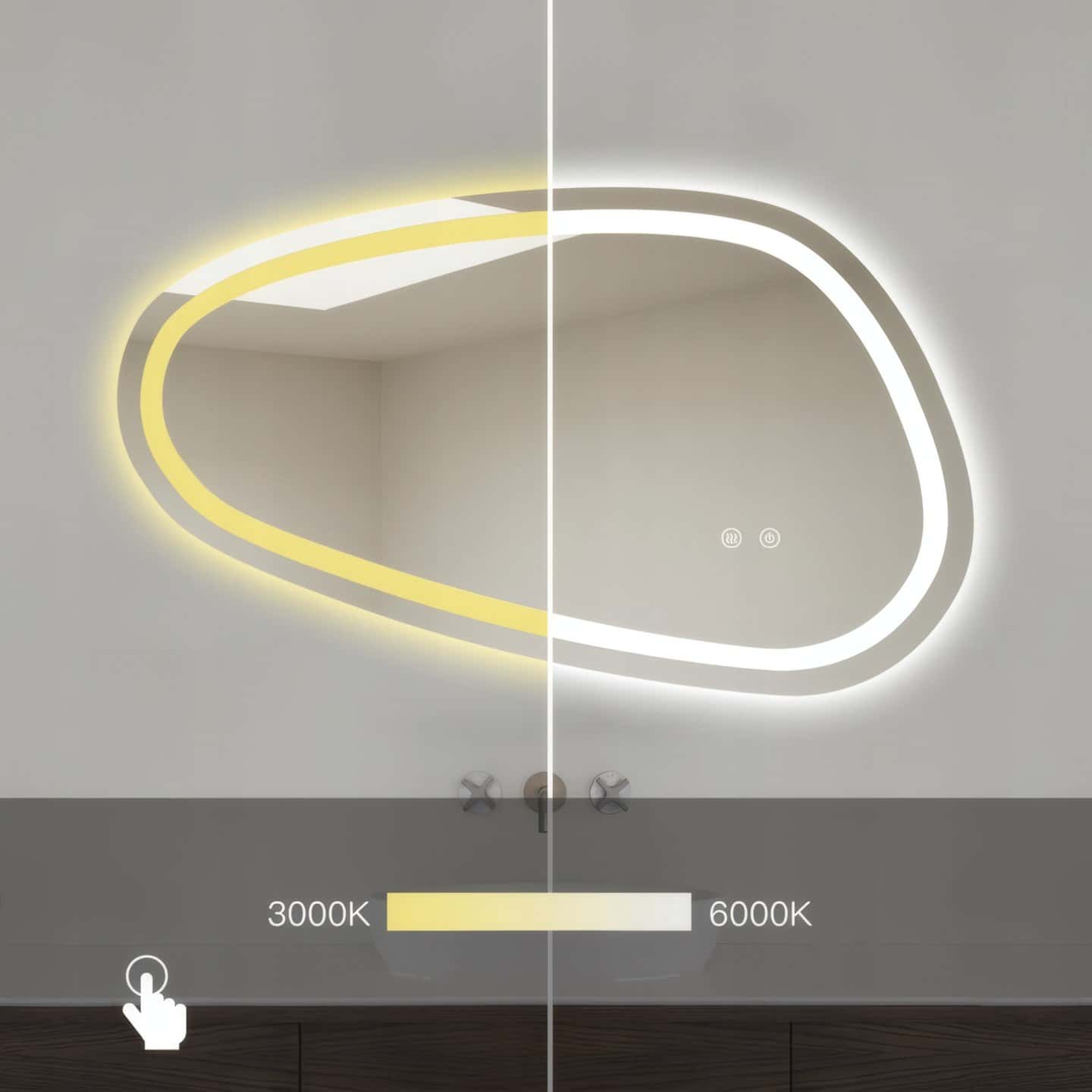 Oglindă baie LED 78.2×47.5 cm asimetrică, 3 nuanțe de lumină, dezaburire și touch control J-18 - montat