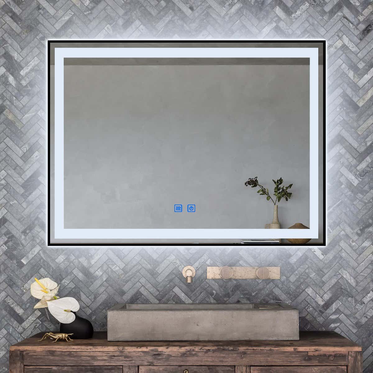 Oglindă baie LED 80×60 cm dreptunghiulară, 3 nuanțe de lumină, dezaburire și touch control J-130 - montat