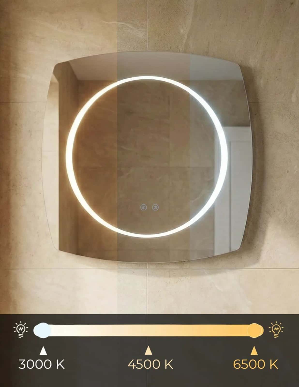 Oglindă baie LED 80×80 cm pătrată cu colțuri rotunjite, 3 nuanțe de lumină, dezaburire și touch control J-3075 - montat