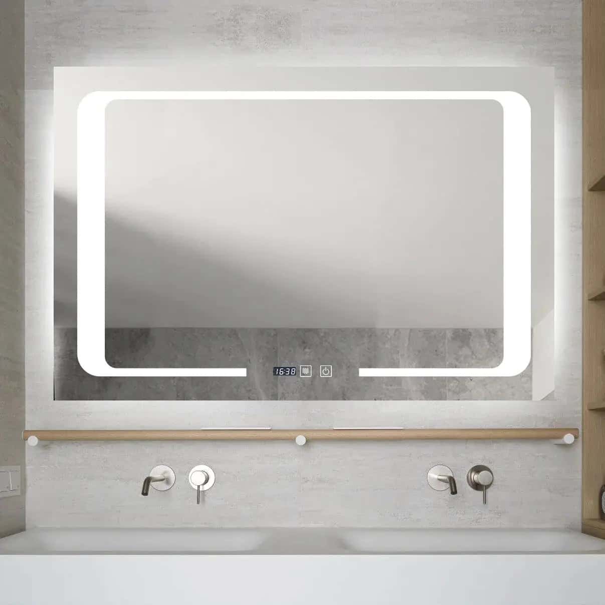 Oglinda LED 90×60cm cu Functie Dezaburire, Touch si Ceas J16 - montat