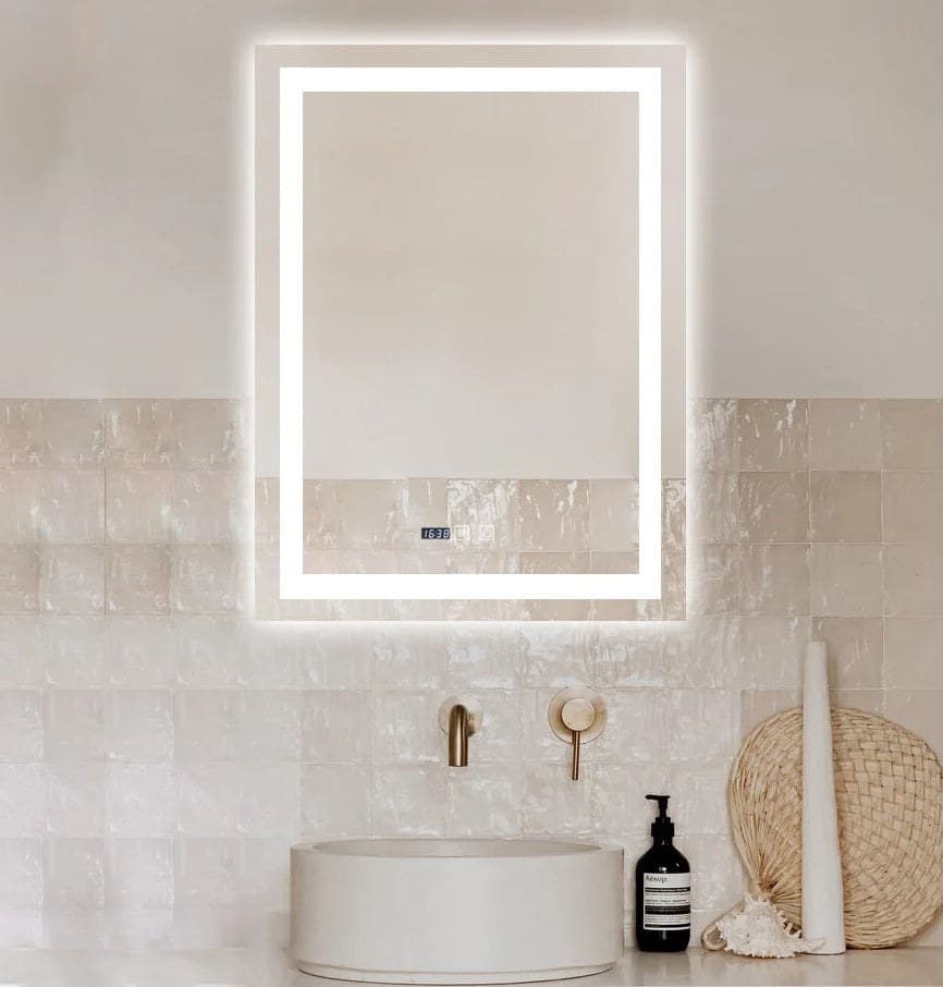 Oglinda LED Dreptunghiulara cu Ceas 90×60cm ,Trei Lumini J109 - montat
