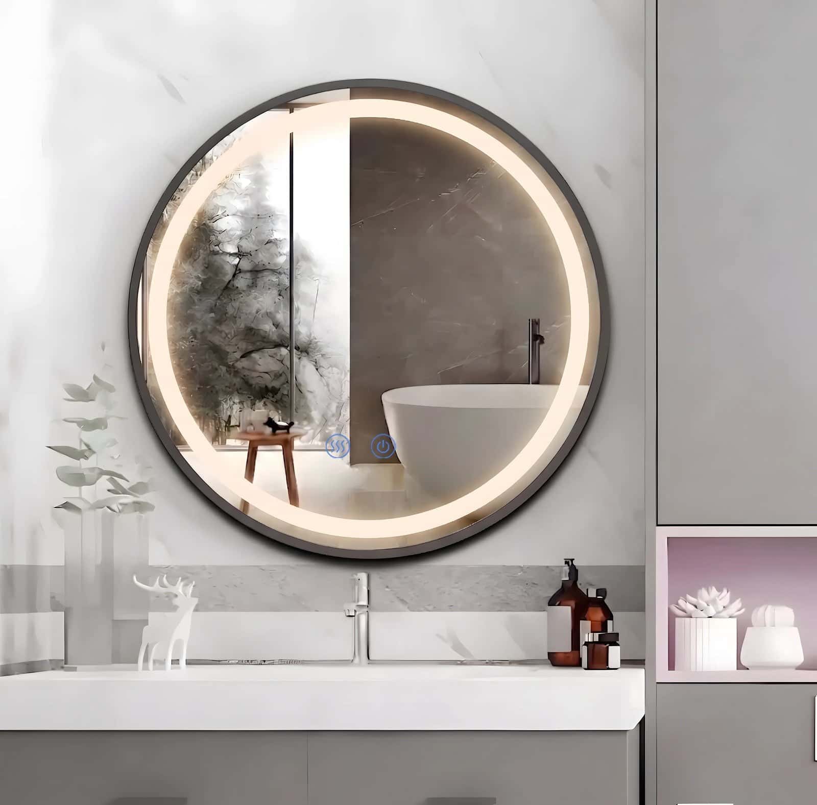 Oglindă LED Rotundă 70 cm J129 cu Ramă Neagră, Touch, Dezaburire și 3 Tipuri de Lumină - montat