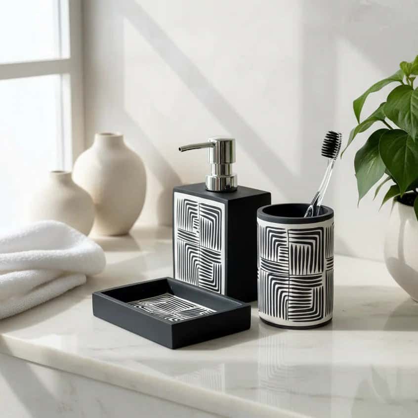Set 3 piese accesorii de baie alb-negru geometric - montat