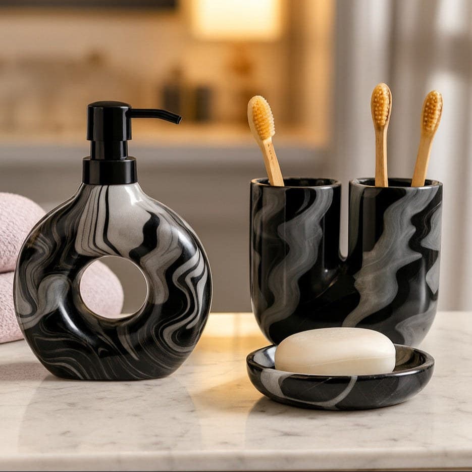 Set 3 piese accesorii de baie gri marmorat