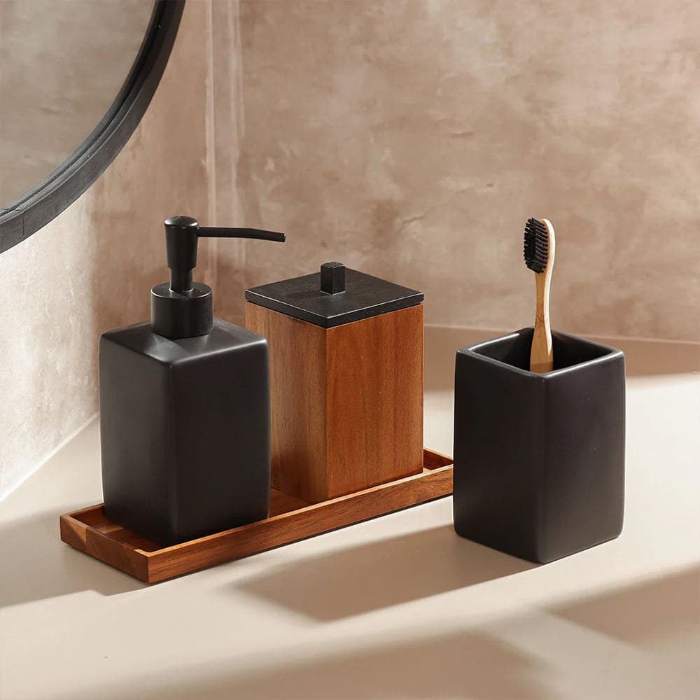 Set accesorii baie negru ceramică și lemn - montat