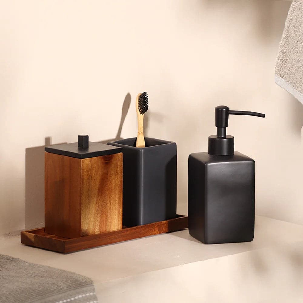 Set accesorii baie negru ceramică și lemn - montat
