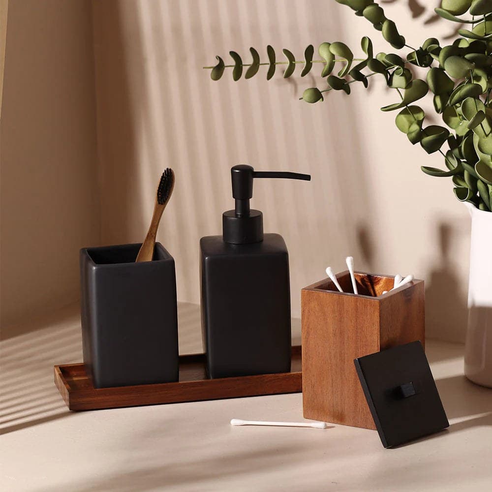 Set accesorii baie negru ceramică și lemn - montat