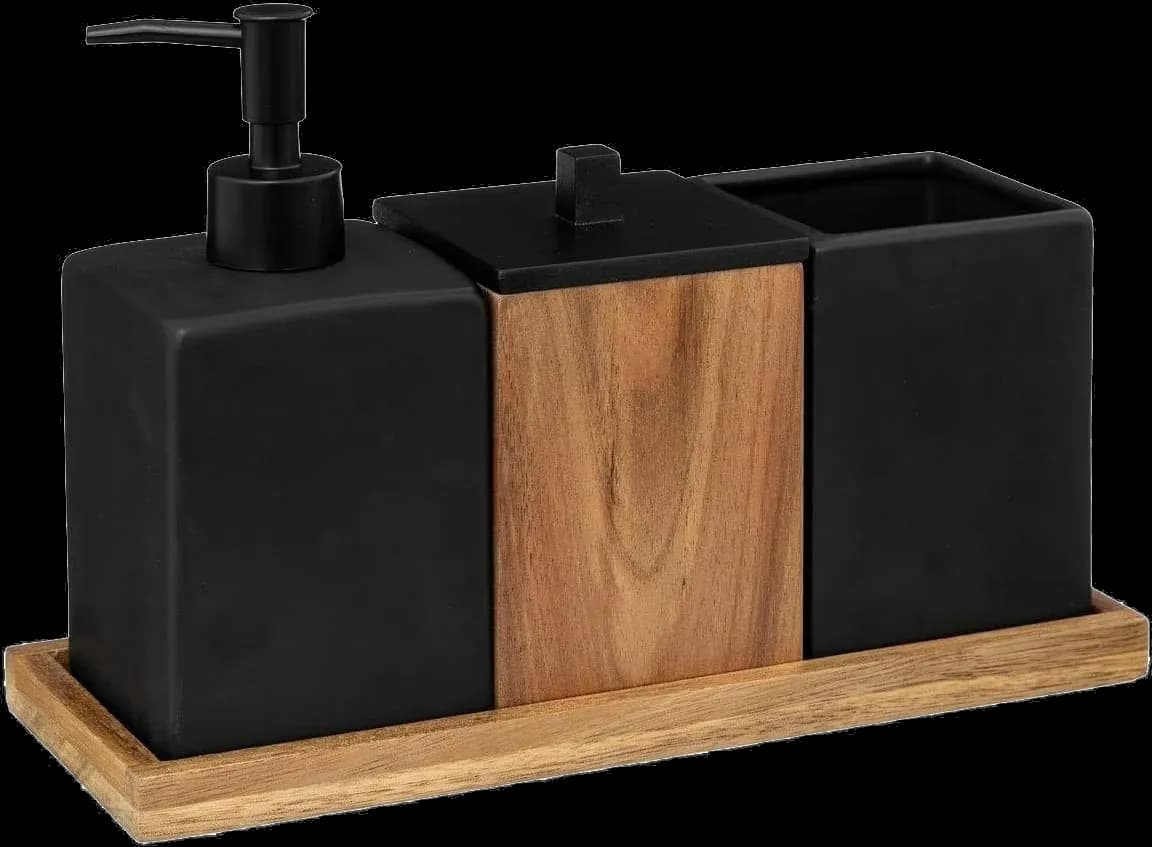 Set accesorii baie negru ceramică și lemn
