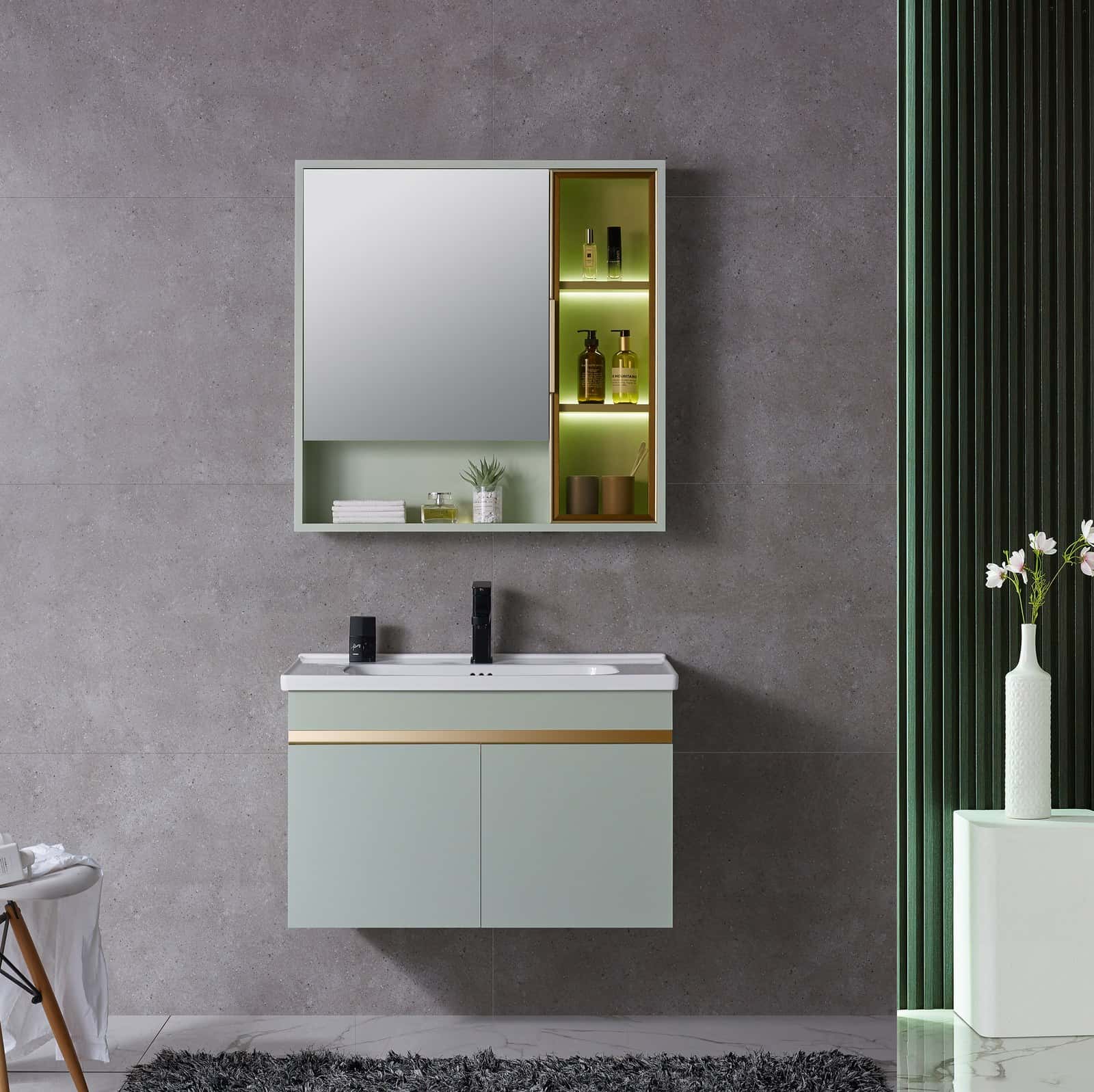 Set complet mobilier baie suspendat Viena cu lavoar și dulap cu oglindă - verde pastel - montat