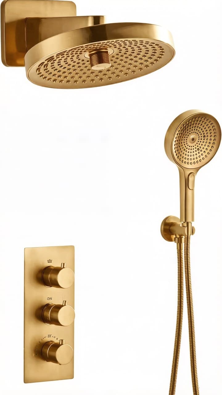 Set de duș încastrat termostatic JH-19196 cu duș fix și pară de duș - auriu