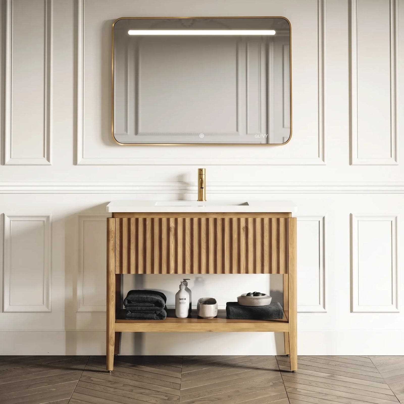 Set mobilier baie pe pardoseală din lemn Sylvan 100 cm cu lavoar din compozit și oglindă LED