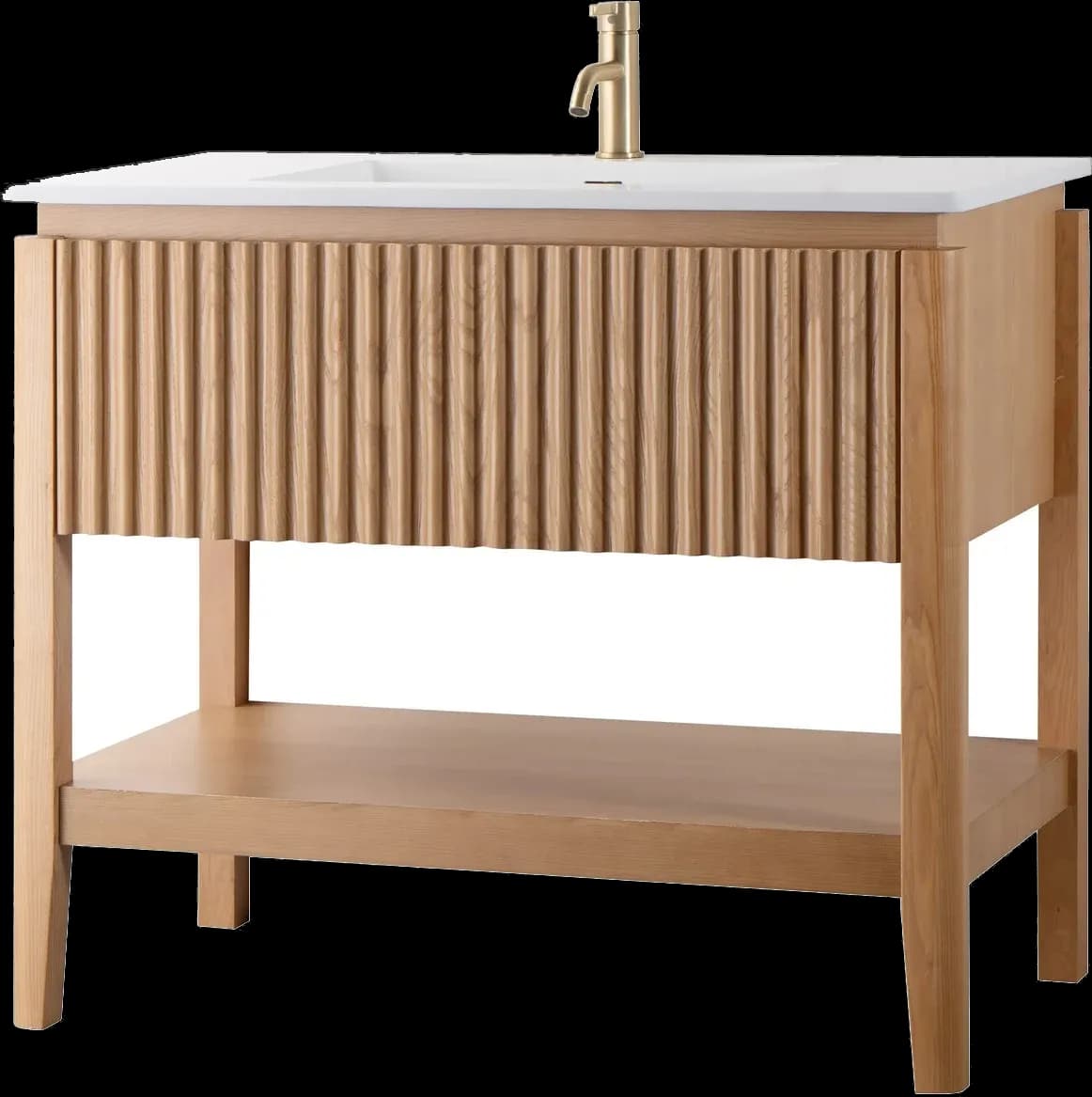 Set mobilier baie pe pardoseală din lemn Sylvan 100 cm cu lavoar din compozit și oglindă LED