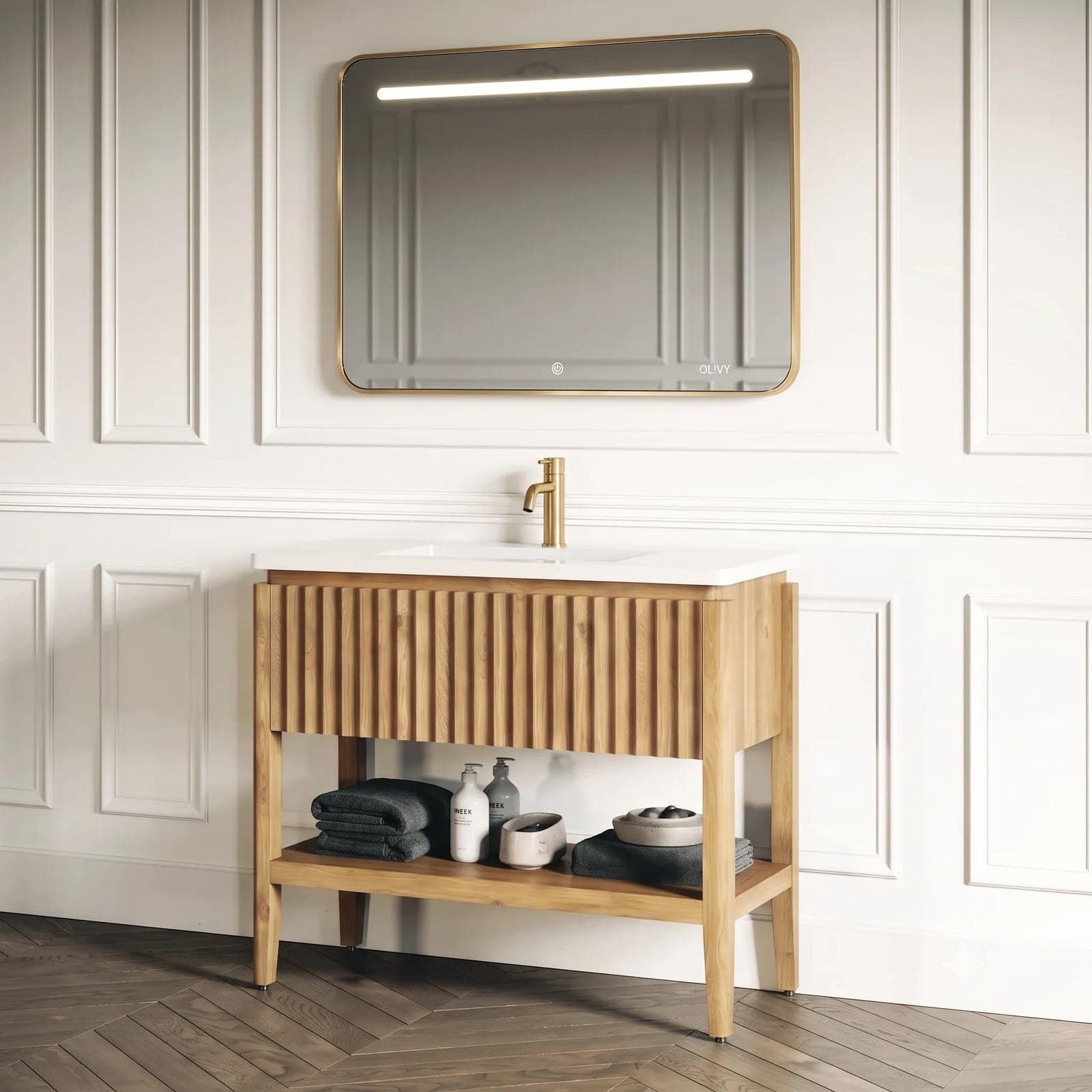 Set mobilier baie pe pardoseală din lemn Sylvan 100 cm cu lavoar din compozit și oglindă LED - montat